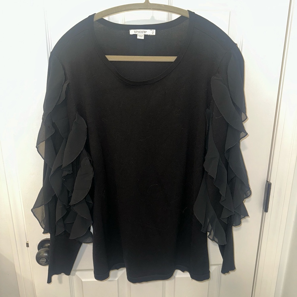 Chico’s Spun Rayon Black Ruffle Sleeve Sweater